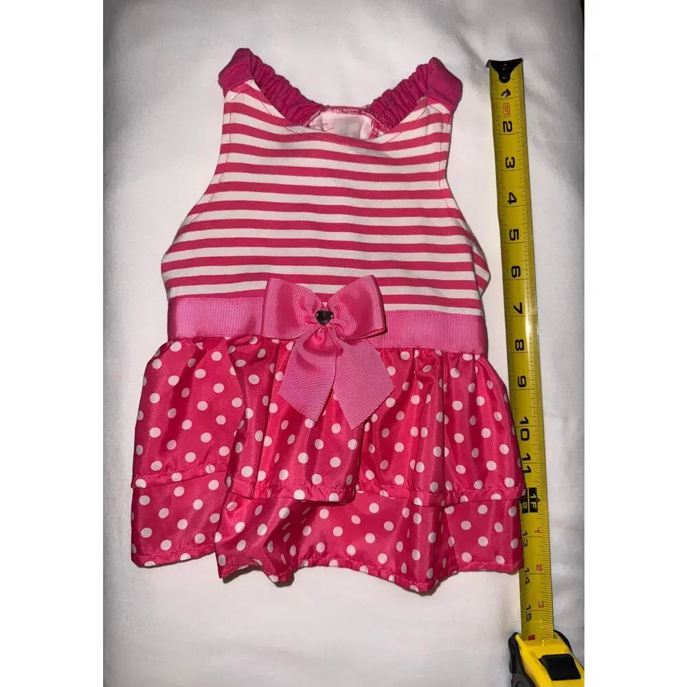 Pink Striped & Polka Dot Dog Dress - Rhinestone Bow Size Small